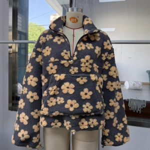 European and American cross-border women's clothing 2025 autumn new fashion faux lamb wool print loose zip-up sweatshirt long sleeve top