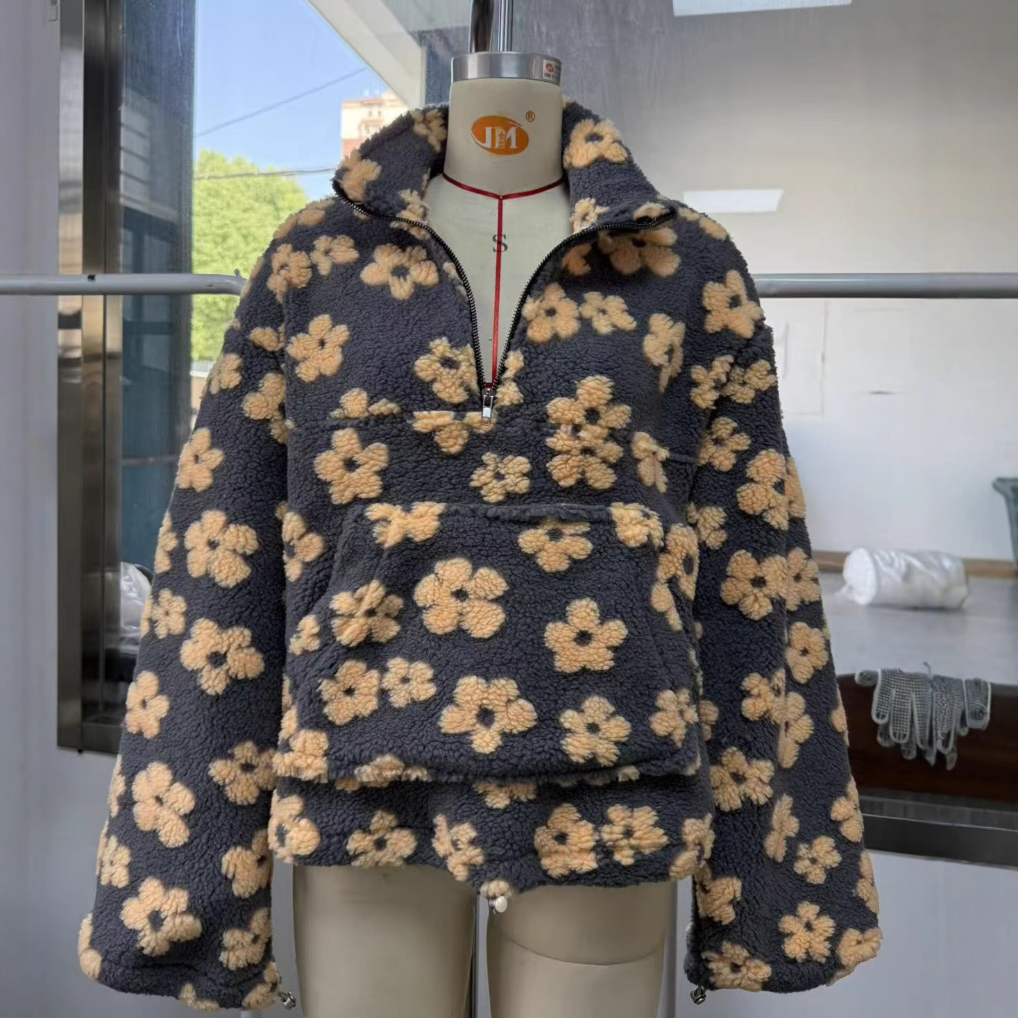 European and American cross-border women's clothing 2025 autumn new fashion faux lamb wool print loose zip-up sweatshirt long sleeve top