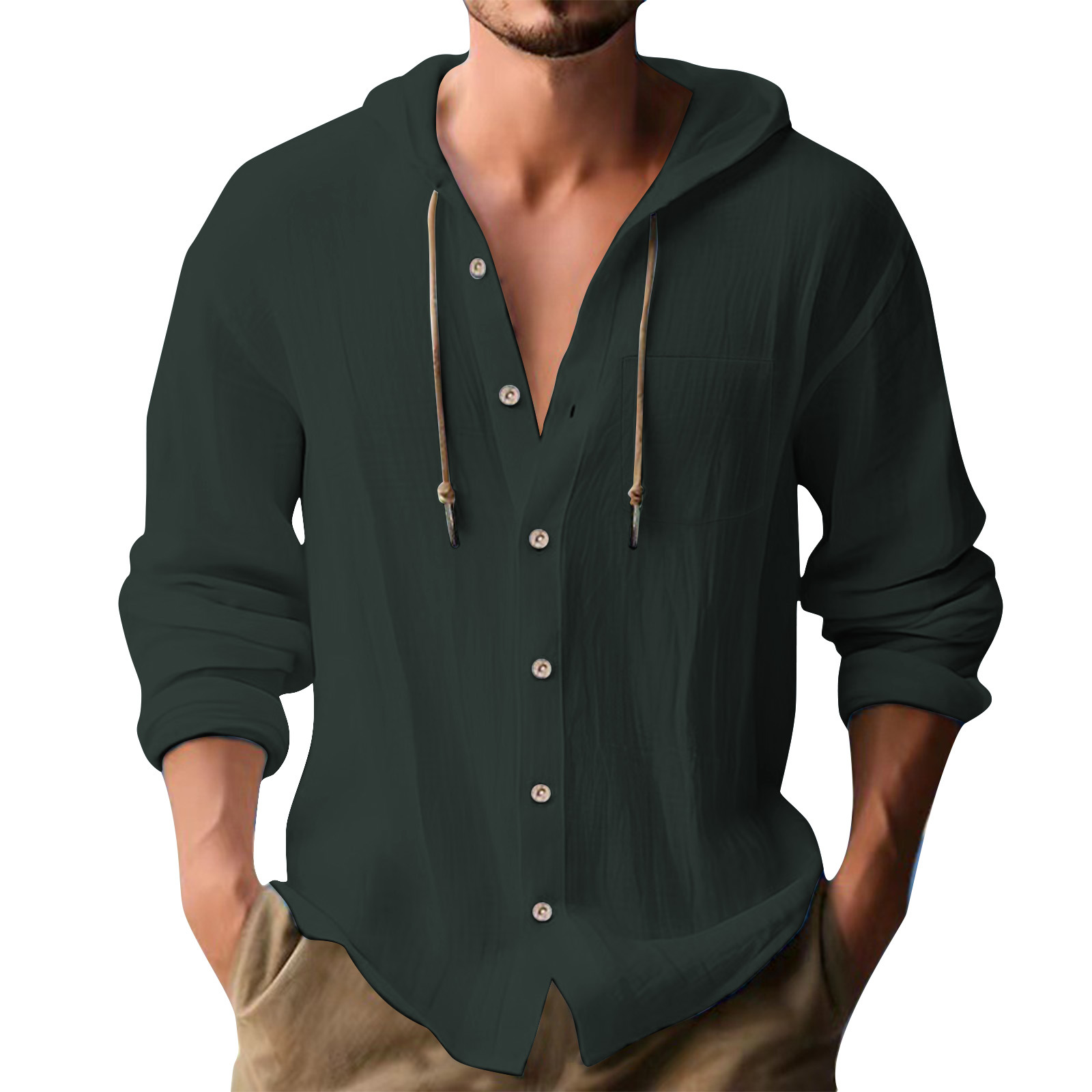 Cross-border European and American 2025 New Hot Selling Sports Trendy Hooded T-shirt Solid Color Cotton Linen Casual Long Sleeve Men's Shirt - Image 20