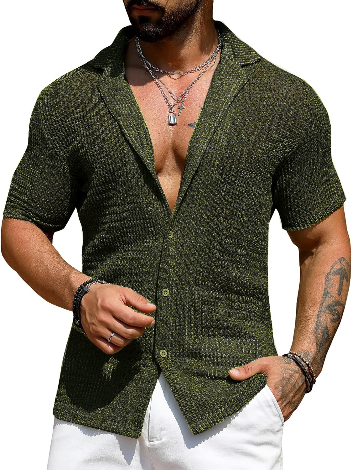 European and American men's casual shirts summer fashion cool breathable men's cardigan solid color short-sleeved tops knitted men's shirts - Image 6