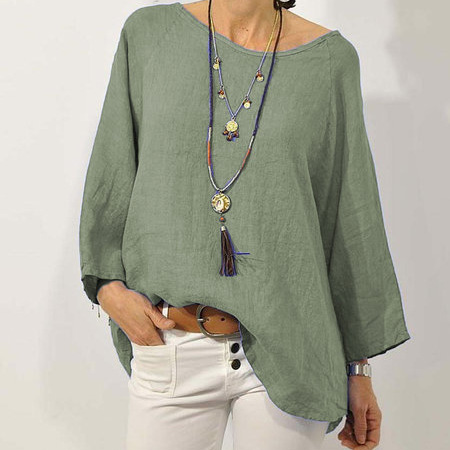 In stock 2023 cross-border European and American foreign trade women's clothing top, solid color cotton linen round neck raglan sleeve three-quarter sleeve women's shirt - Image 4