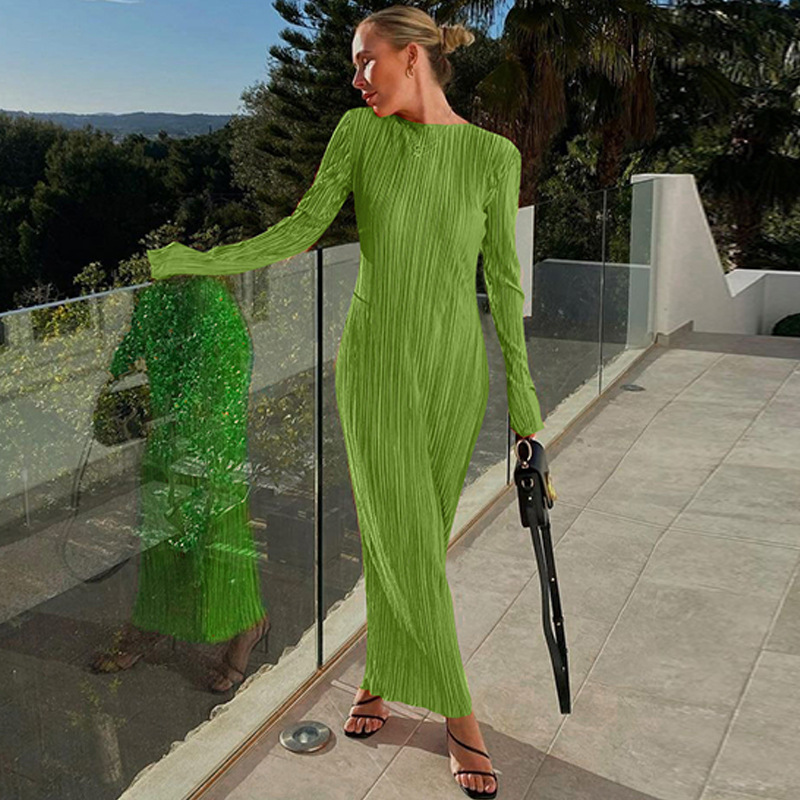 European and American style women's clothing 2022 autumn new fashion casual solid color round neck long-sleeved slim dress foreign trade wholesale - Image 5