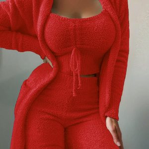 European and American cross-border new autumn and winter women's fashion casual plush lace-up cardigan 3-piece trousers suit