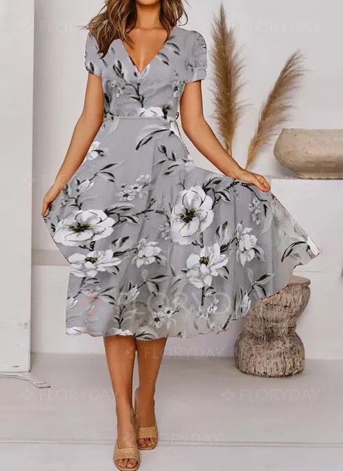 European and American cross-border women's clothing AliExpress Amazon independent station personalized flower printing V-neck short-sleeved dress - Image 8