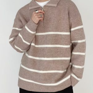 2024 Trendy College Style Color Block Long Sleeve Polo Shirt Men's Embroidered Letters American Retro Loose Half-Zip Sweater