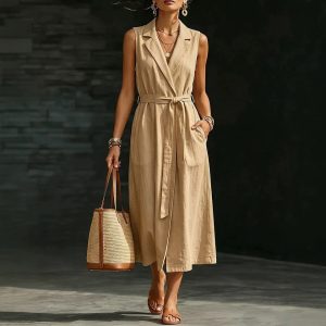 2026 Cross-border European and American Summer New Style Old Money Style Sleeveless Cotton Linen Resort Style Casual Elegant Women's Dress