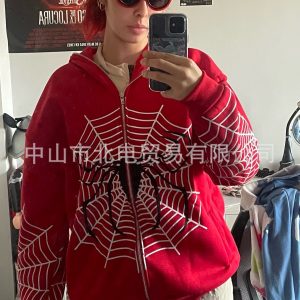 2022 new cross-border European and American INS autumn and winter spider web print street fashion full zipper pullover hooded sweatshirt