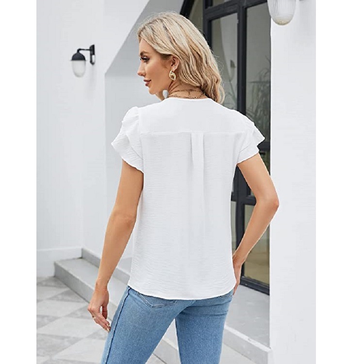 Cross-border European and American women's clothing, 2025 summer new style, Amazon women's V-neck chiffon ruffled blouse short-sleeved top. - Image 4
