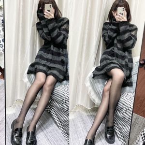 Dark subculture loose striped gradient sweater ripped men and women torn elastic neutral punk mid-length knitted