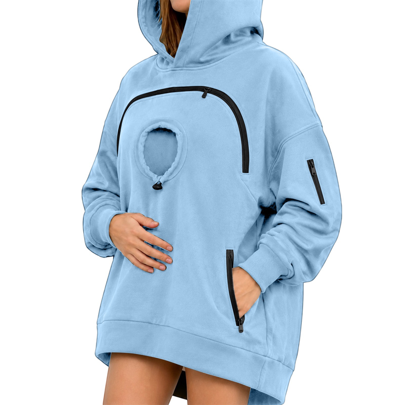 Cross-border women's hooded sweatshirt with pet cat pocket, casual style, long-sleeved hooded fleece-lined top with zipper. - Image 9