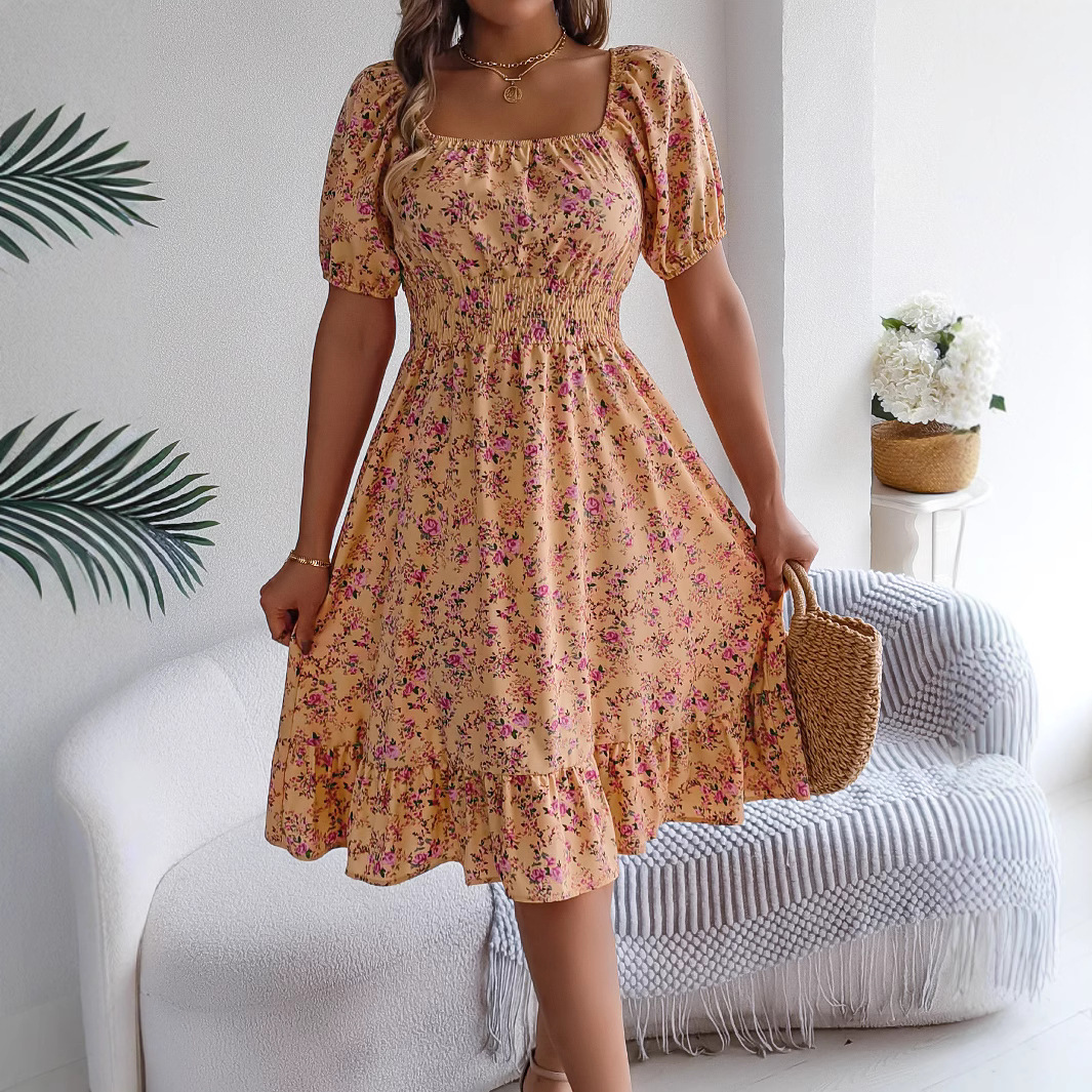 Real shot of 2026 Spring/Summer European and American style floral square neck short-sleeved fitted waist ruffle A-line skirt. Amazon cross-border women's clothing. - Image 3