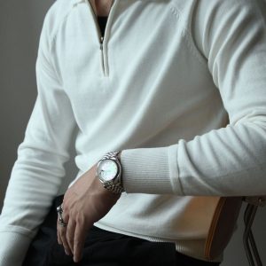 2023 Autumn and Winter Half-High Zipper Knitted Long-Sleeved Polo Shirt American Retro Business Casual Commuting T-shirt Linear Men's