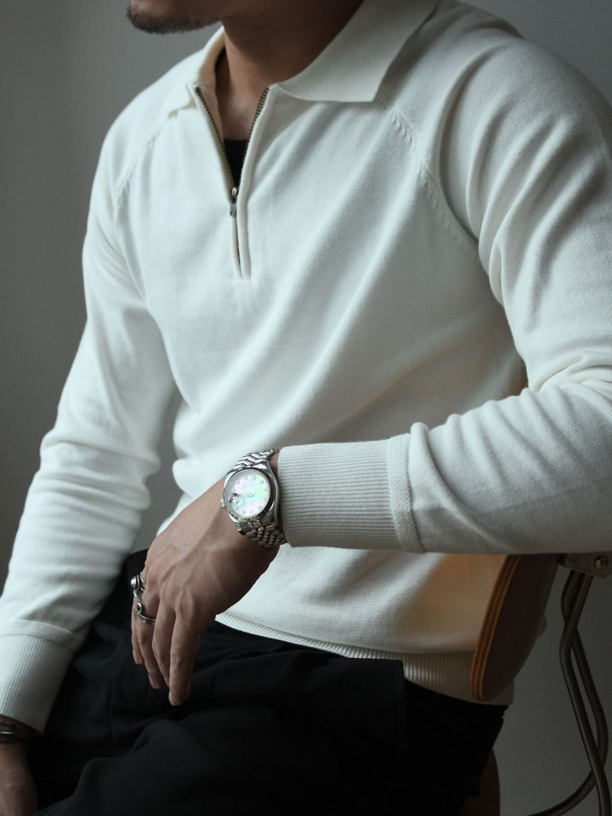 2023 Autumn and Winter Half-High Zipper Knitted Long-Sleeved Polo Shirt American Retro Business Casual Commuting T-shirt Linear Men's