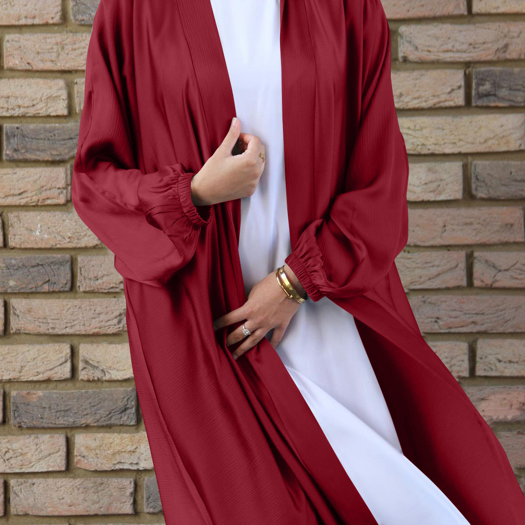 Spot cross-border European and American Muslim women's bubble satin cardigan robe Middle East Dubai long-sleeved dress Muslim - Image 3