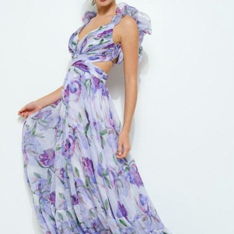 New European and American cross-border trade fashion printed back tie dress, waist-revealing lace-up slim-fitting elegant long dress - Image 2