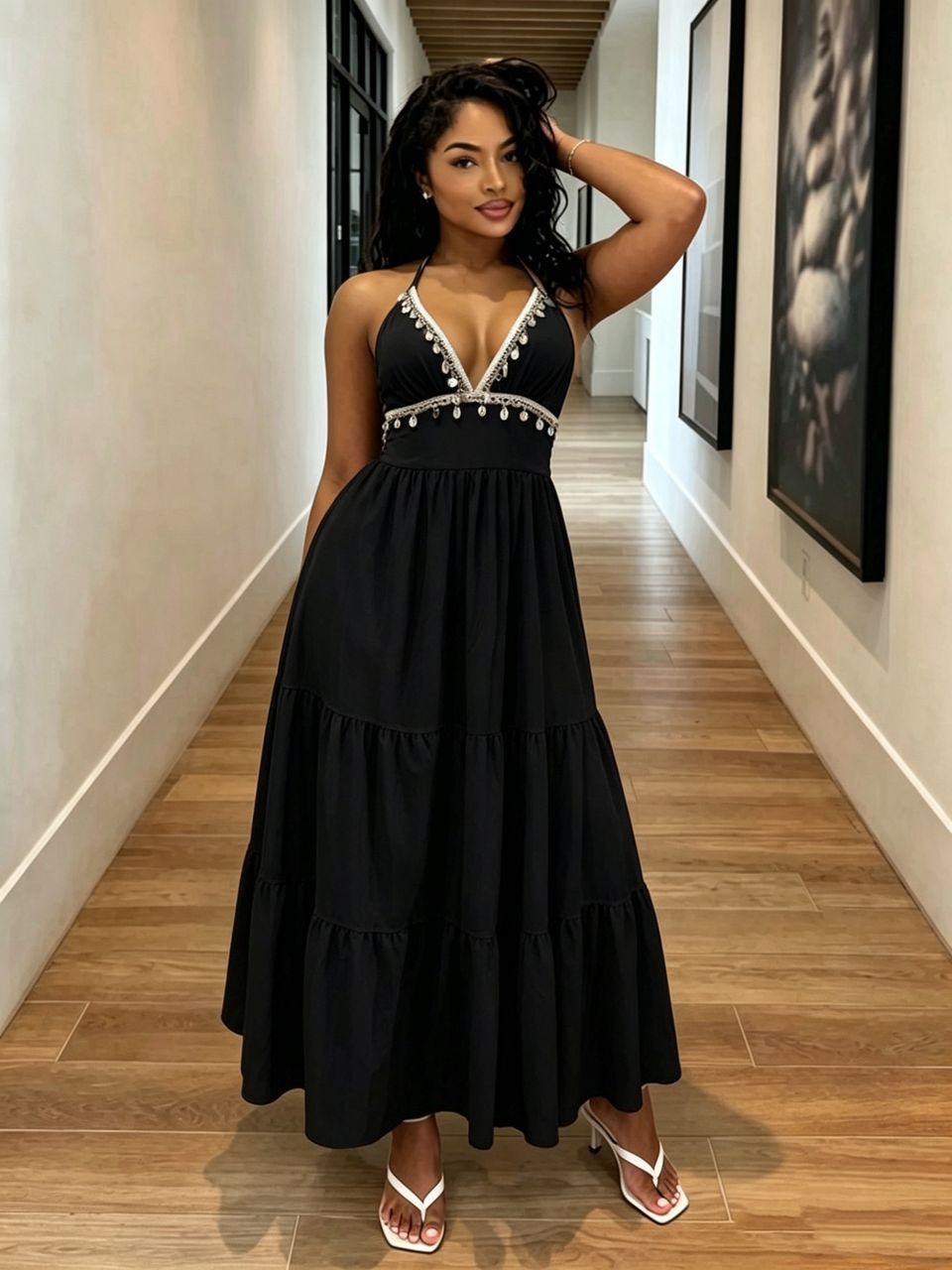 European and American style new cross-border resort-style V-neck halter neck tie dress with shell tassels, solid color fashionable long dress - Image 7