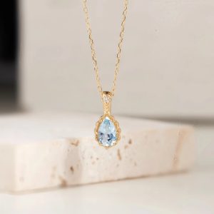 S925 Sterling Silver Plated 18K Gold Aquamarine Teardrop Pendant Necklace for Women, Retro, Light Luxury, Fashionable, Versatile Collarbone Chain