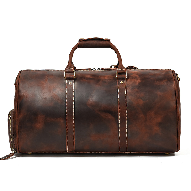 Retro Crazy Horse Leather Travel Bag for Men, Genuine Leather Luggage Bag, 20-inch Large Capacity Handbag with Shoe Compartment, Gym Bag - Image 4