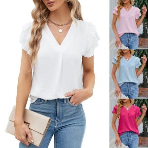 Cross-border European and American women's clothing, 2025 summer new style, Amazon women's V-neck chiffon ruffled blouse short-sleeved top.