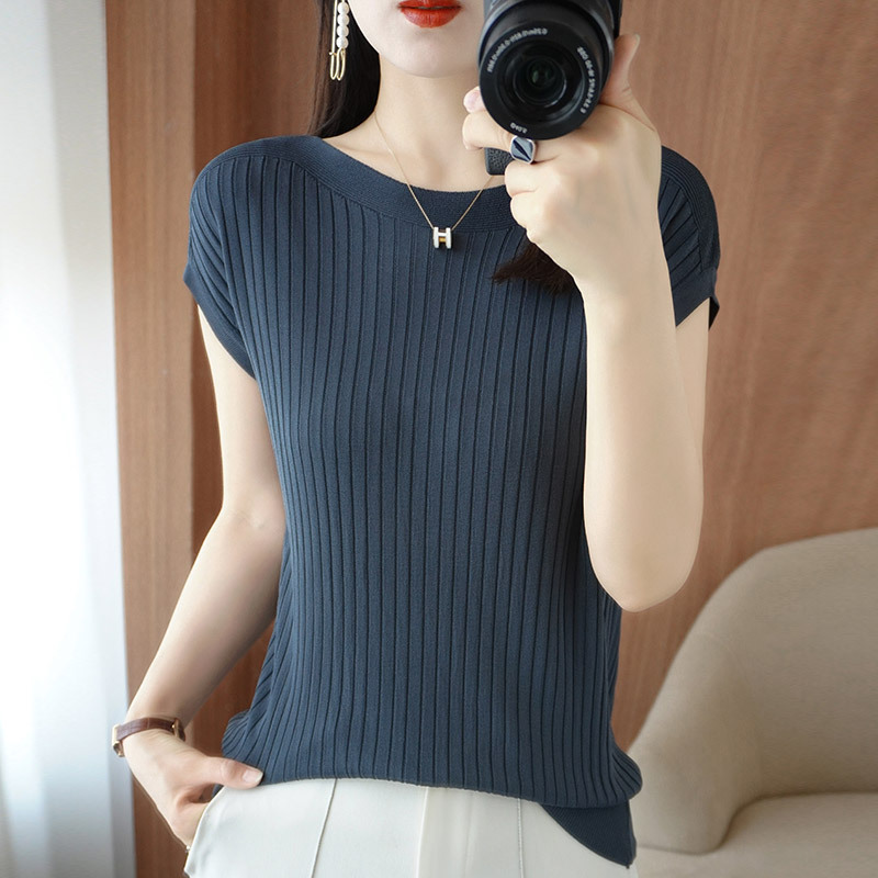 Ice silk knitted sweater women's loose short-sleeved thin t-shirt 2023 summer new inner top with one word collar thin outer wear - Image 2