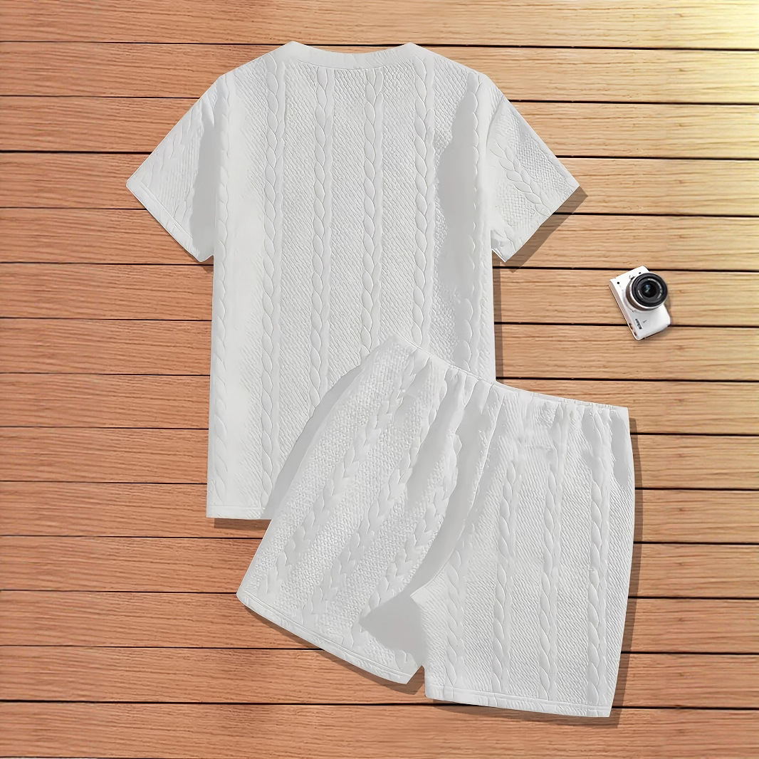 Cross-border European and American style men's solid color patchwork design overseas style summer 2025 knitted casual ribbed short-sleeved two-piece set - Image 5
