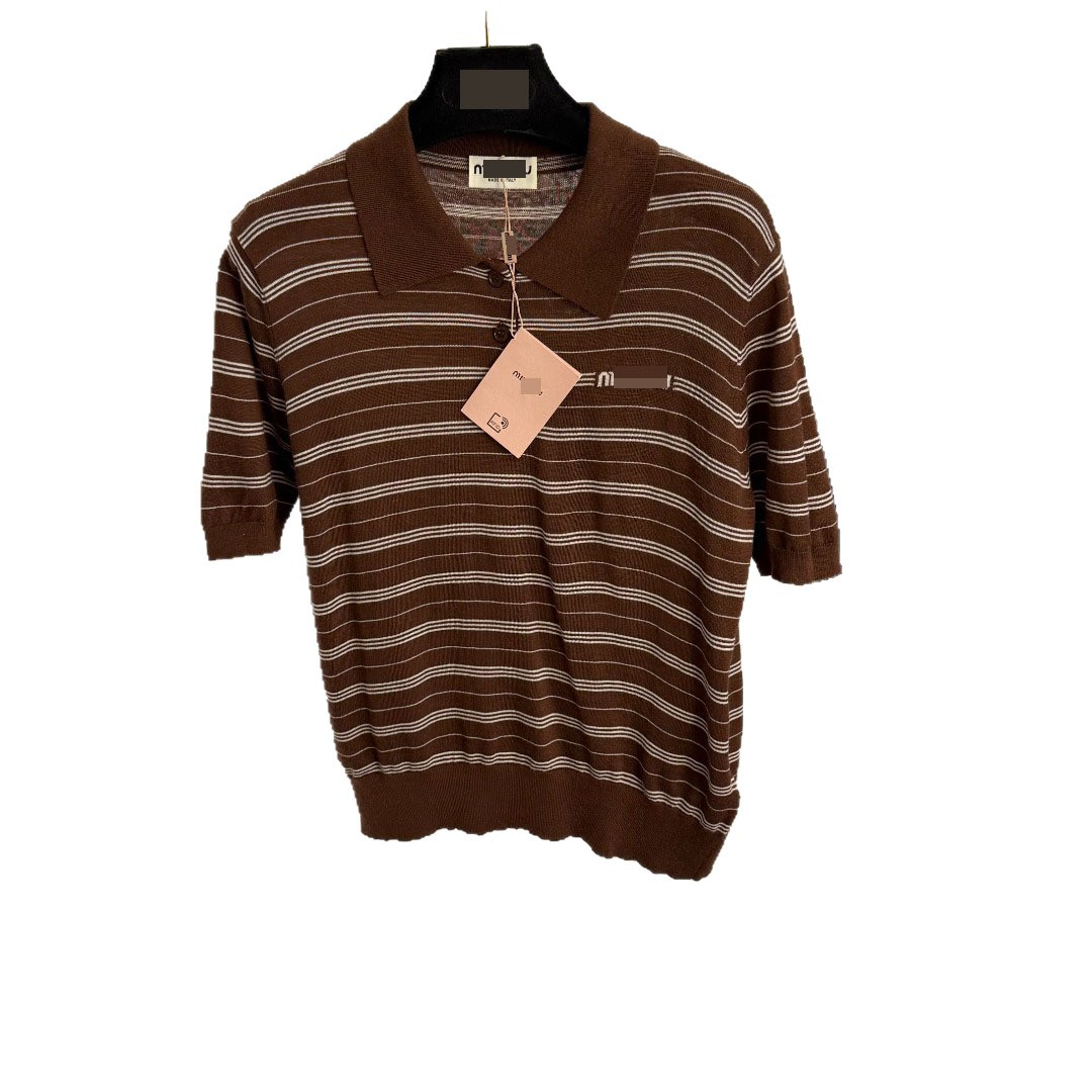 Nanyou High-End Foreign Trade Style Slim Fit Dopamine Style Letter Polo Collar Striped Short-Sleeve Wool Knit Top - Image 5