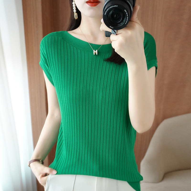 Ice silk knitted sweater women's loose short-sleeved thin t-shirt 2023 summer new inner top with one word collar thin outer wear - Image 11