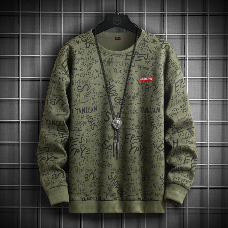 Sweater men's 2023 spring new youth fashion full print casual loose American round neck suede sweater cross-border