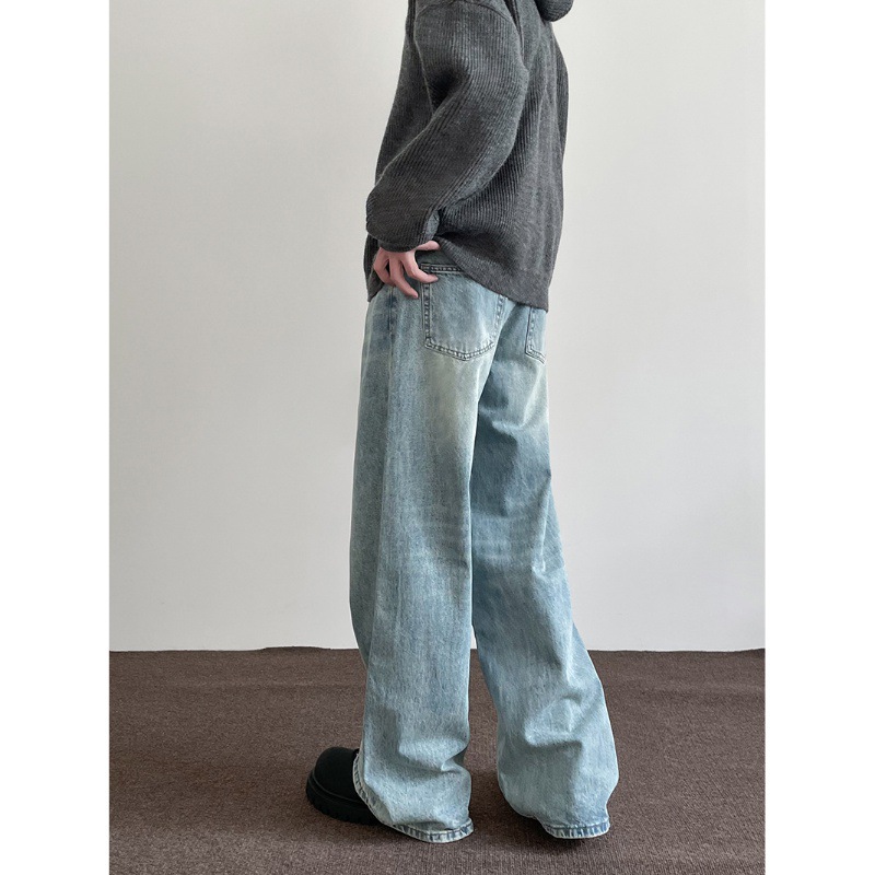 American high street cleanfit washed blue wide-leg jeans for men and women ins trend loose straight vibe pants - Image 5