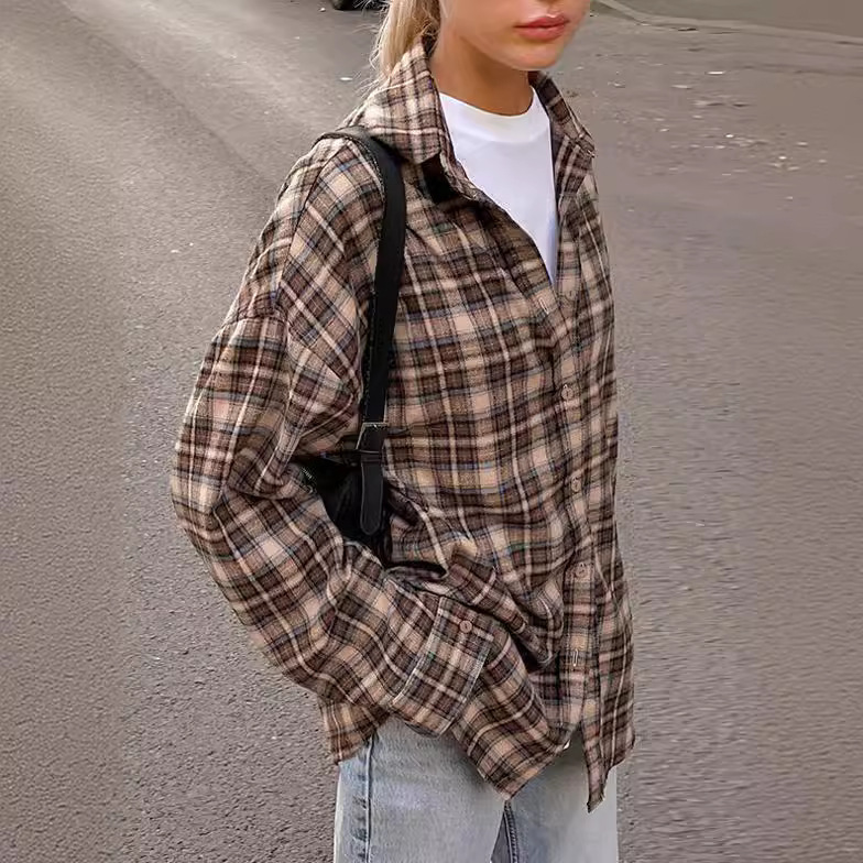 2024 European Station Cross-border Spring Retro Plaid Shirt Women's Long Design Base Plaid Shirt Loose Fit - Image 3