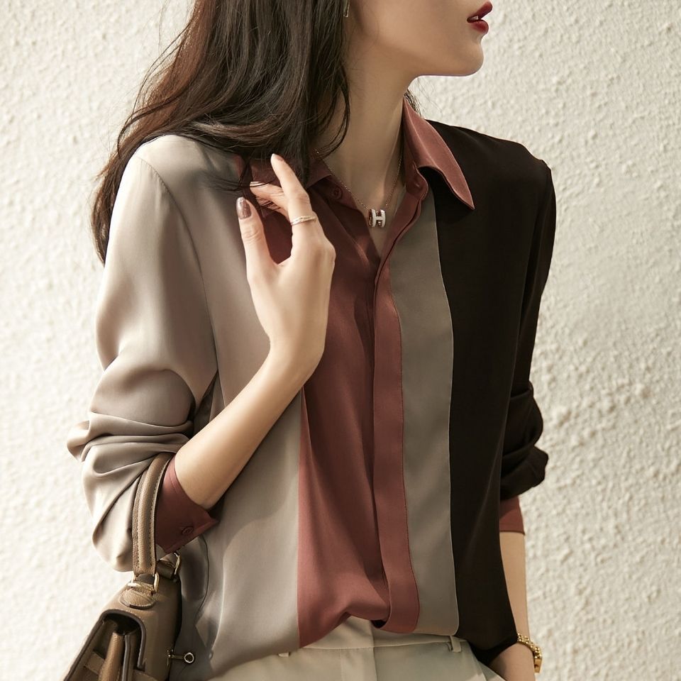 Color-blocking shirt long-sleeved women's autumn 2022 new shirt loose foreign style niche chiffon shirt professional wear top women - Image 5
