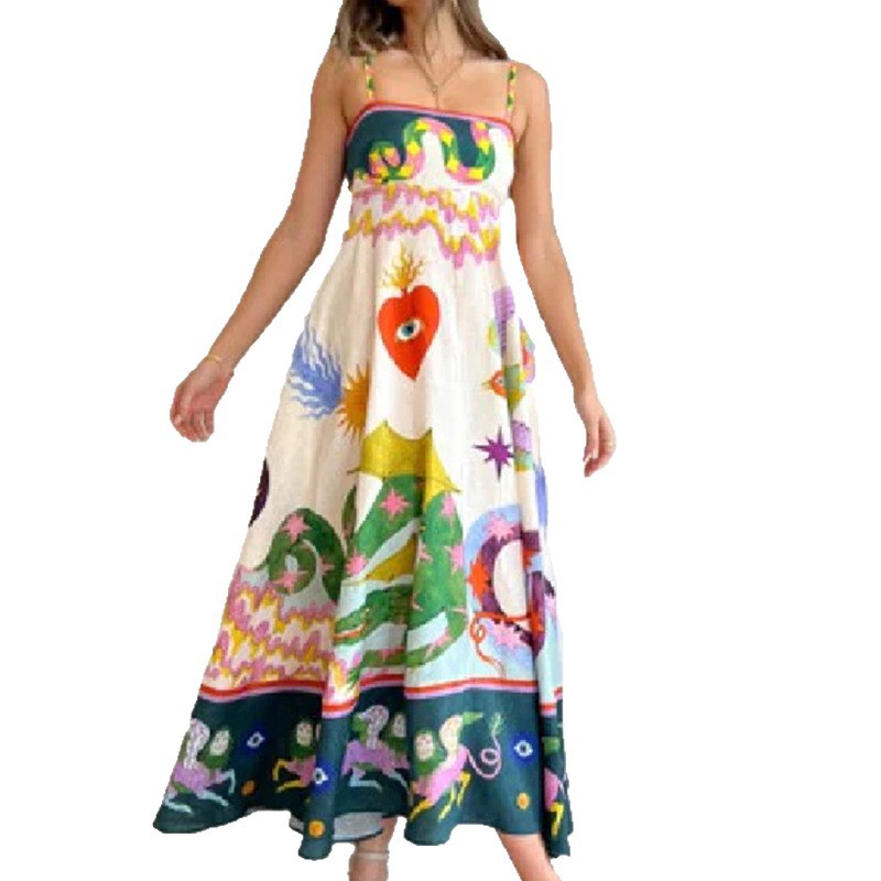 Cross-border European and American 2026 Summer Independent Store Elegant Printed Sleeveless High-Waisted Full Swing Suspender Dress - Image 7