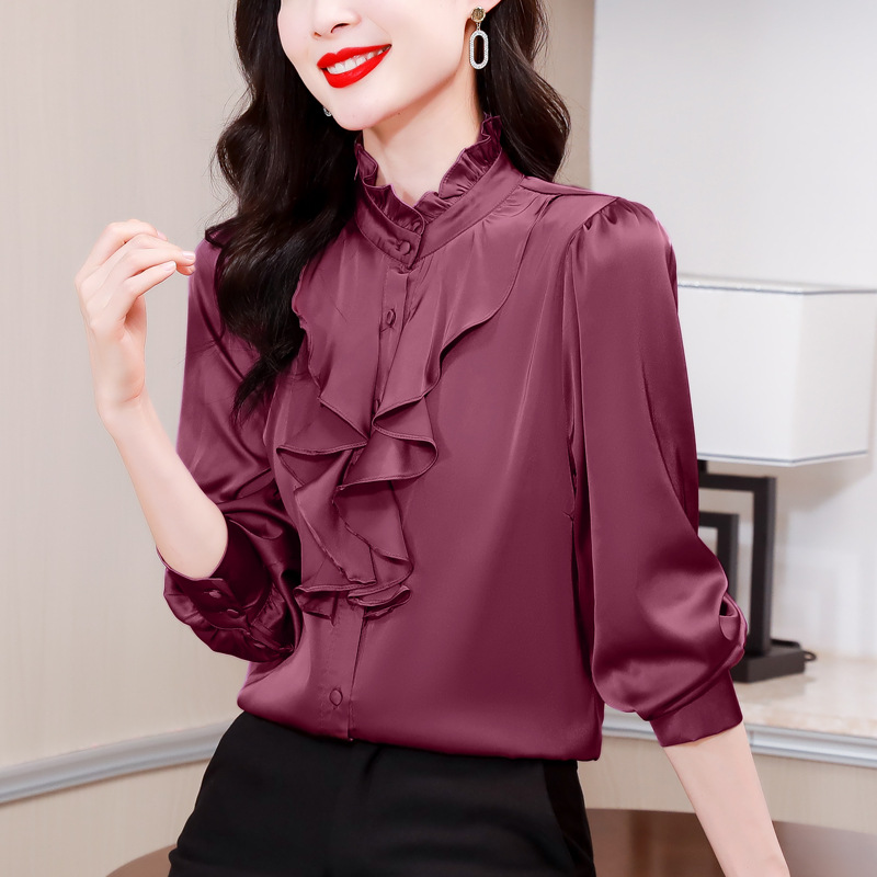 Green 1803 intellectual and generous temperament imitation silk shirt female long sleeve solid color lace collar palace style mulberry silk shirt - Image 6