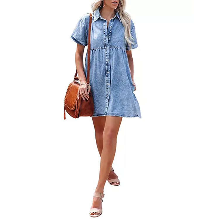 2022 Cross-Border Foreign Trade Amazon European and American Washed Denim Lapel Loose Sweet Lotus Leaf Dress Short Skirt New