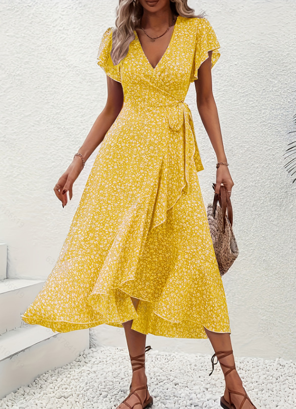 Independent Amazon cross-border e-commerce platform, floral print V-neck cardigan with tie-up short sleeves, bohemian style, full skirt, vacation dress - Image 17