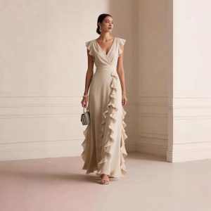 2026 European and American Women's Clothing - Independent Amazon Store: Solid Color, Pleated, Short-Sleeve, V-Neck Dress, Chiffon Gown
