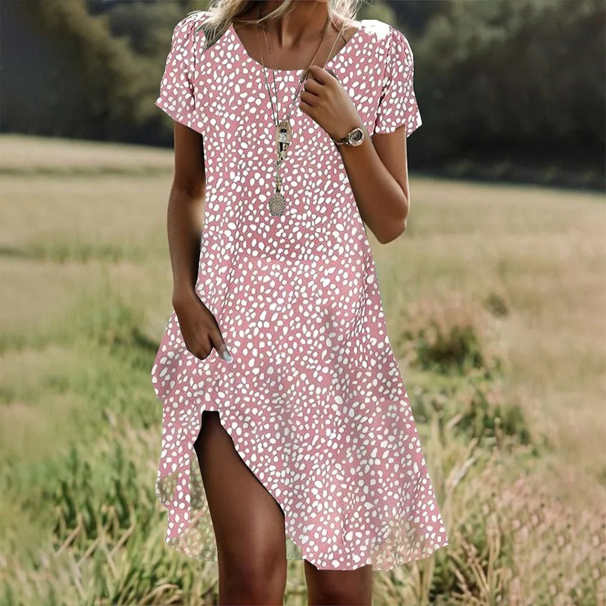 Cross-border Amazon AliExpress independent website summer hot-selling literary and ethnic style large round neck mid-length dress - Image 16