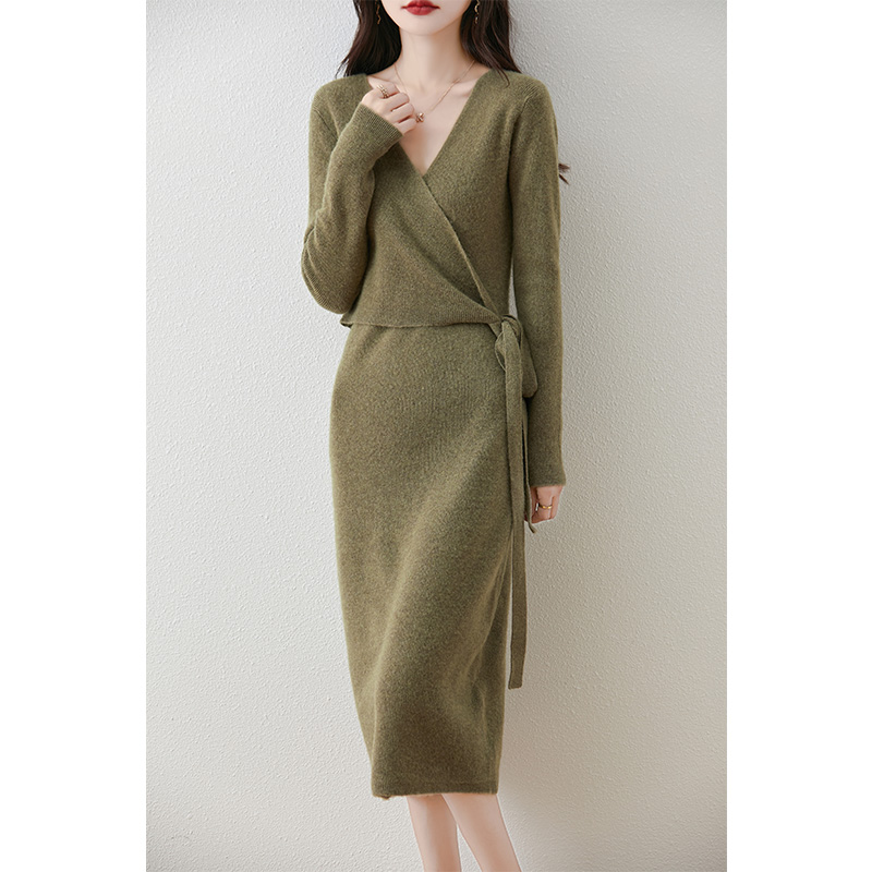 2024 Autumn/Winter New Light Luxury Pure Wool Dress Cross Neck Waist Tie-Waist Long Dress Slimming Knit Dress - Image 8