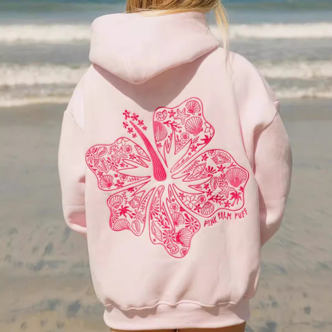 2024 New European Size Women's Drop Shoulder Sleeve Threaded Hawaii Hibiscus Brand Sweatshirt Hoodie Print - Image 18