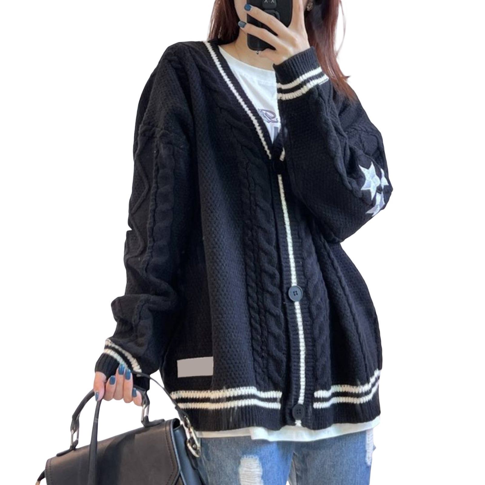 Autumn and winter solid color long-sleeved cardigan femininity commuting European and American bat wing knitted beige single-breasted sweater jacket - Image 3
