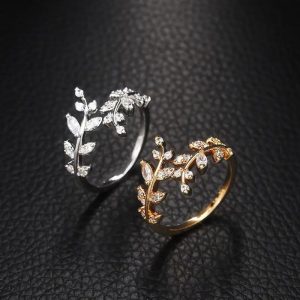 S925 Sterling Silver Cross-Border Ins Style Diamond-Encrusted Leaf Ring for Women, High-End Elegant Open Ring with 14K Gold Plated.