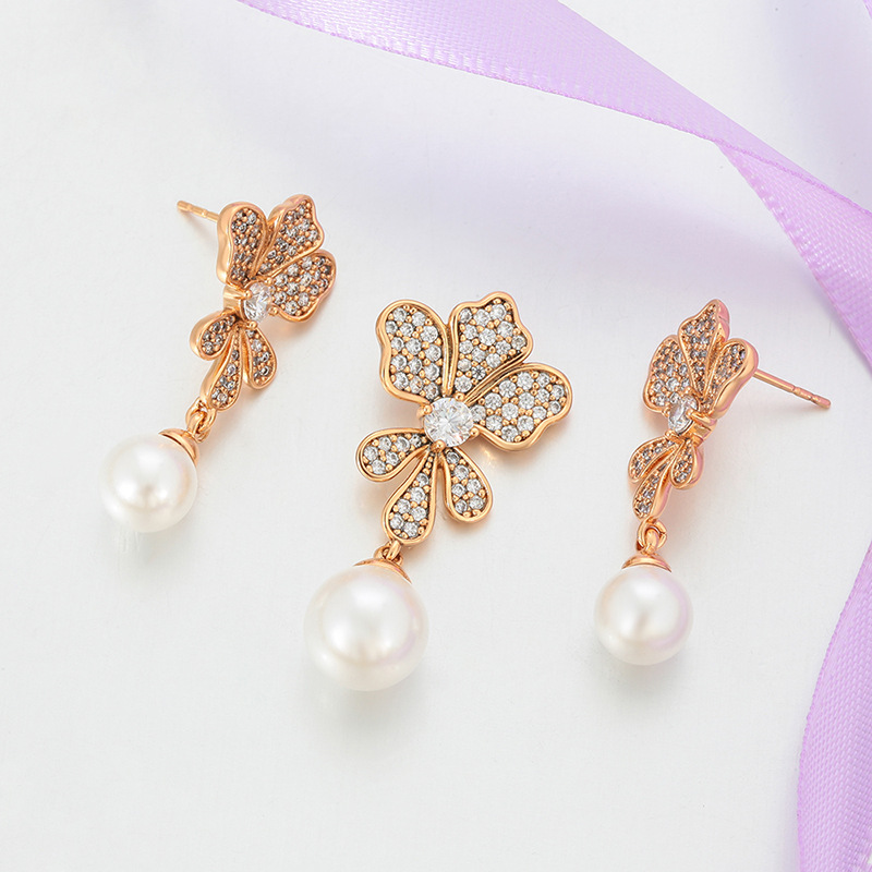 Xuping Niche Retro Style Earrings Pendant Jewelry Set, Copper Alloy Imitation Pearl Flower Tassel Jewelry Wholesale for Women - Image 3