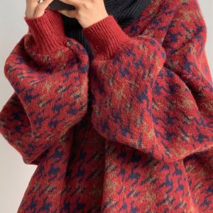Women's Red Sweater for Spring and Autumn (2025), Houndstooth Thickened, Lazy Style, High-End Knit Top, Perfect for Your Zodiac Year