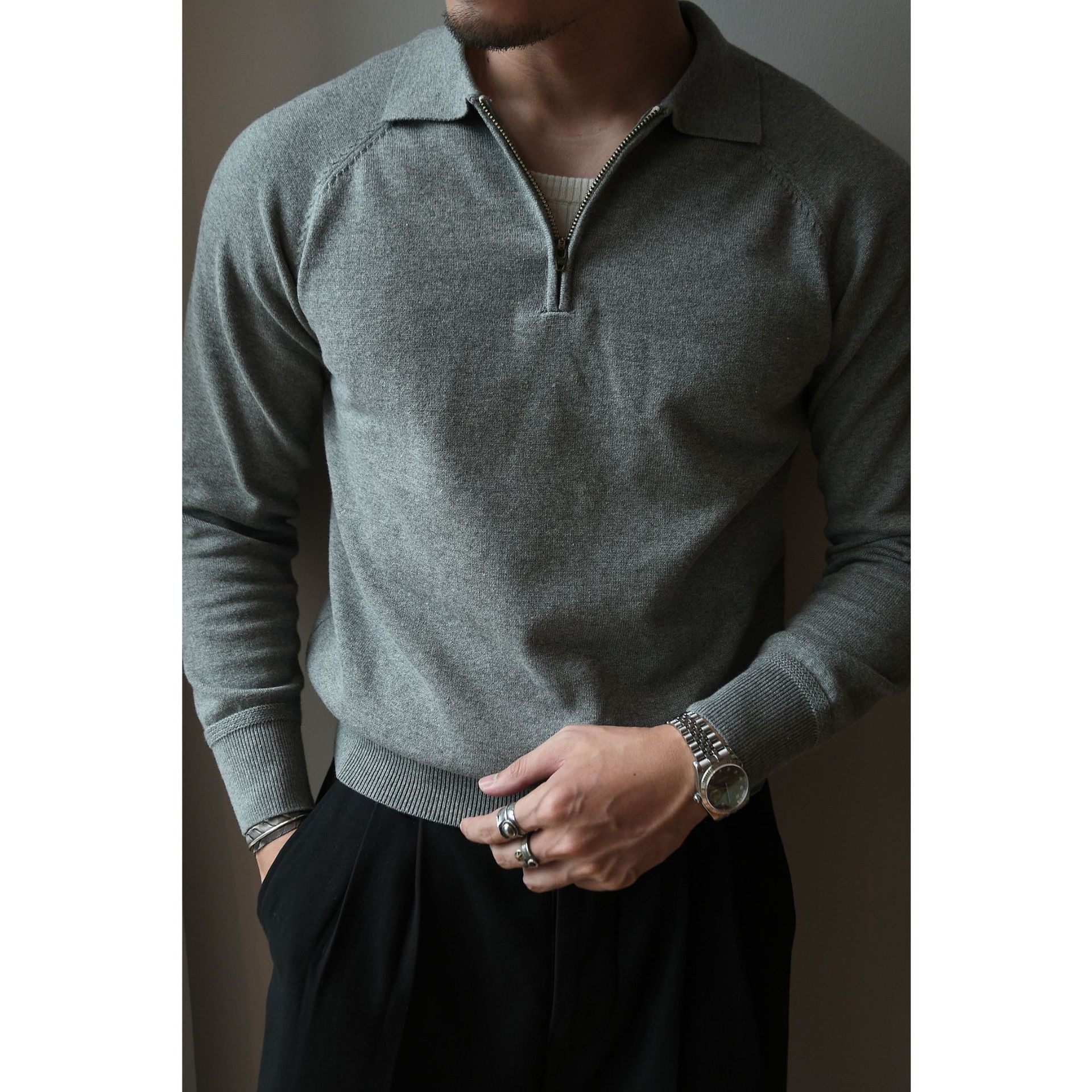 2023 Autumn and Winter Half-High Zipper Knitted Long-Sleeved Polo Shirt American Retro Business Casual Commuting T-shirt Linear Men's - Image 5