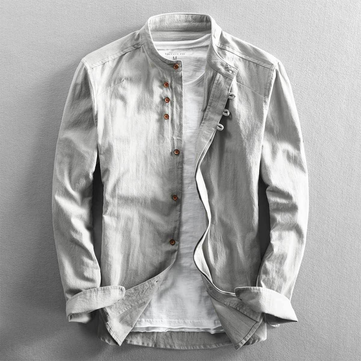 2024 autumn and winter new men's casual linen shirt Chinese style stand-up collar independent station wish cotton and linen shirt - Image 6