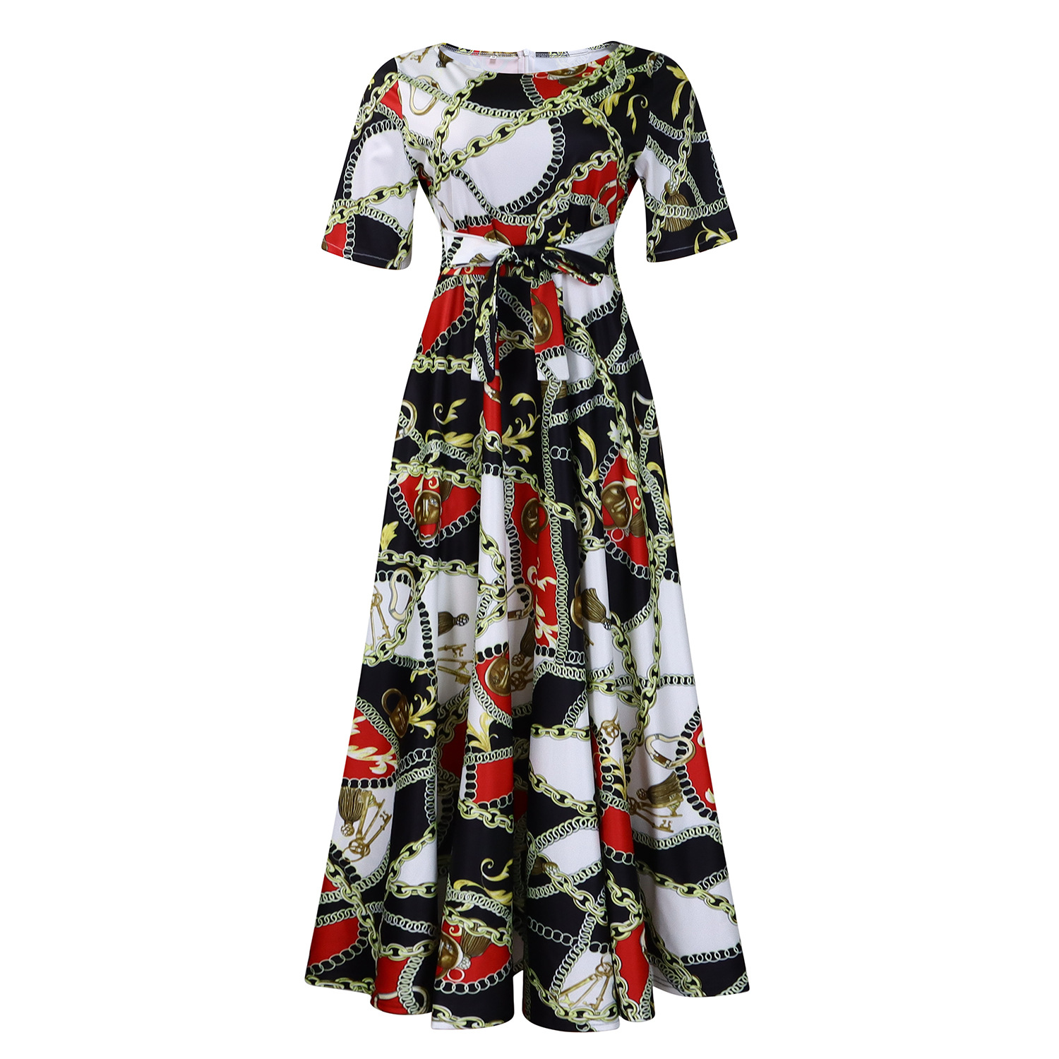 D3266 Cross-border Women's Clothing 2024 New Fashionable and Elegant Tie-waist Plus Size Short Sleeve Full Skirt Dress (Foreign Trade) - Image 15