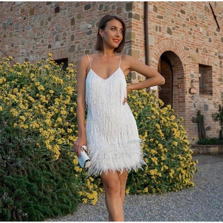 2026 Fashionable Tassel Sequin Multi-Colored Birthday Party Sexy V-Neck Suspender Feather Patchwork Dress - Image 4