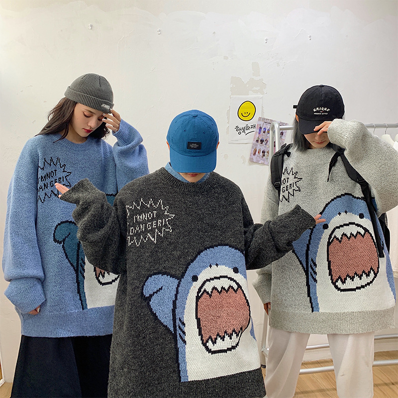 Autumn and winter shark cartoon round neck sweater men's casual loose Korean style trendy warm student thickened sweater - Image 7