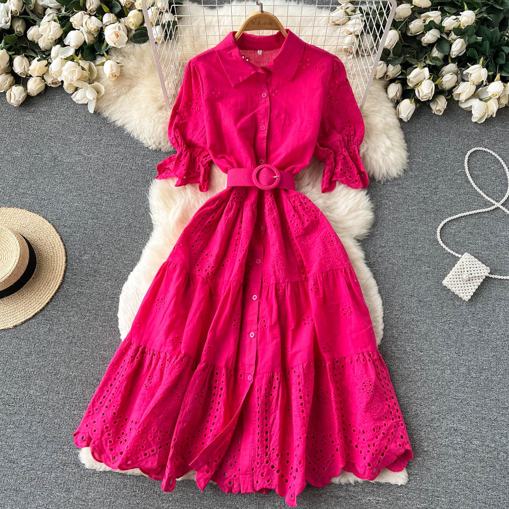 Light Luxury Minority Hollow Embroidered Dress Women's Summer 2022 New Tight Waist Slimming Puff Sleeve Shirt Midi Dress - Image 6