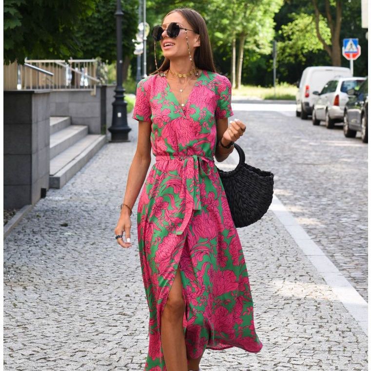 2023 European and American women's cross-border foreign trade AliExpress Amazon summer new v-neck print tie dress - Image 7